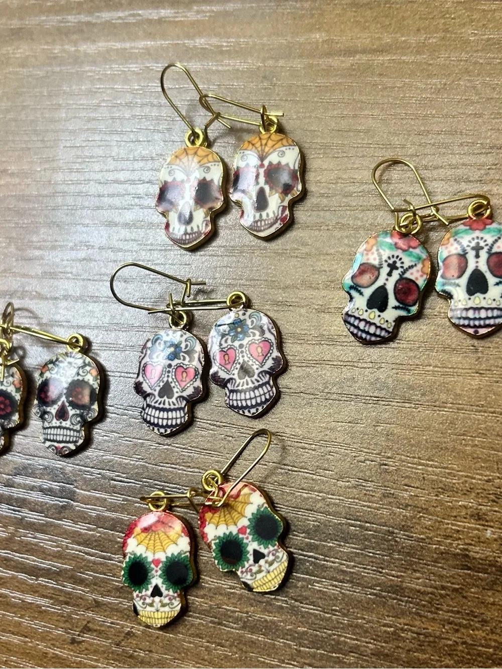 Colorful Sugar Skull Dangle Earrings - Assorted Day of the Dead Designs 5 pair